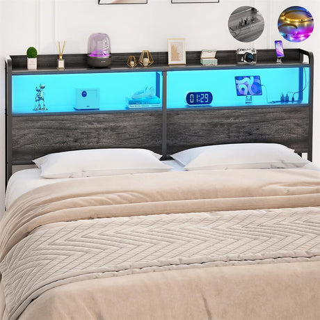 Queen Size Headboard for Bed Frame, Headboard with Storage Shelf, LED Lights, and Power Outlets, USB Ports, Height Adjustable