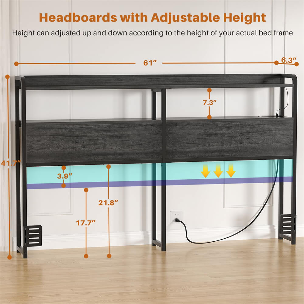 Queen Size Headboard for Bed Frame, Headboard with Storage Shelf, LED Lights, and Power Outlets, USB Ports, Height Adjustable