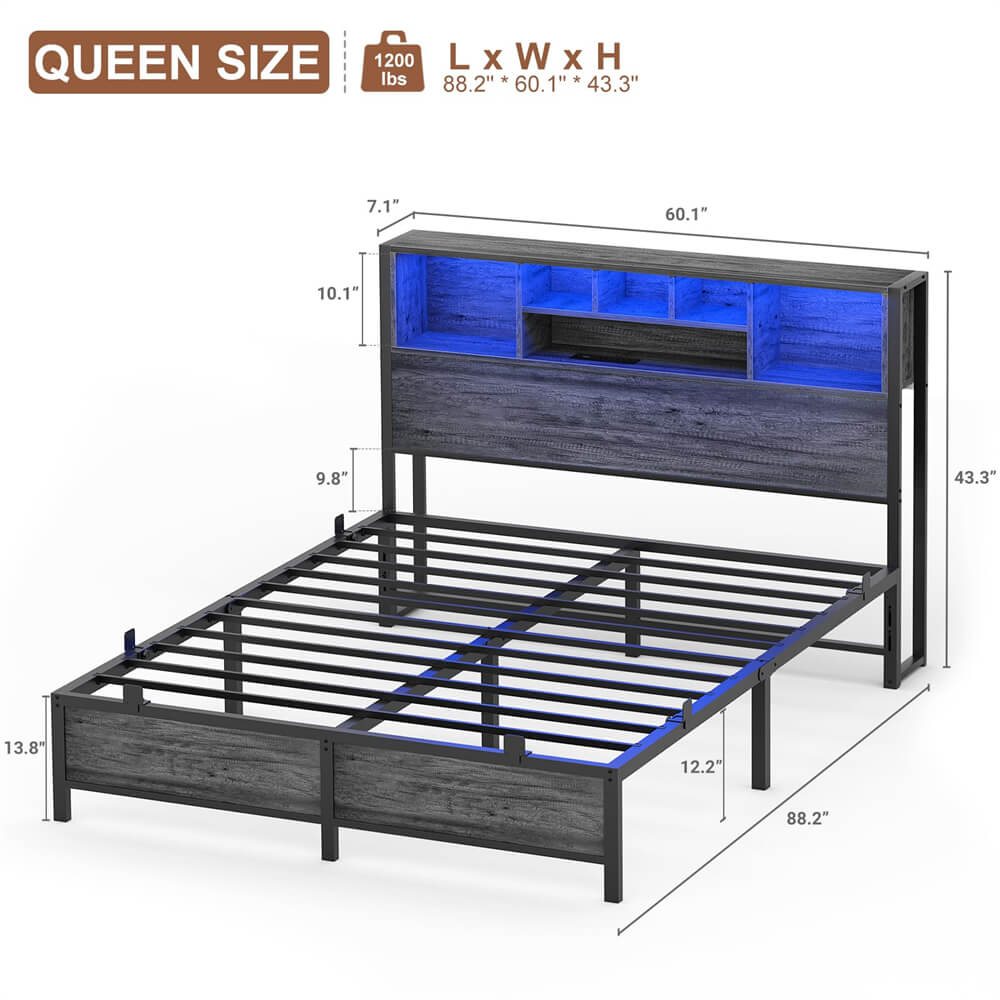 Unikito Queen Size Bed Frame with Bookcase Headboard, Metal Platform Bed Frame Queen Size with Charging Station and LED Light, Heavy Duty Metal Slats, No Box Spring Needed, Noise-Free