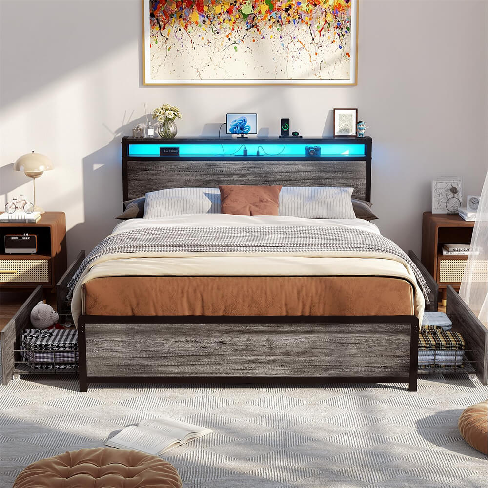 Unikito Queen Size Bed Frame with 4 Storage Drawers and Charging Station, Sturdy Platform Bed with Storage Headboard and LED Light, No Box Spring Needed, Easy Assembly