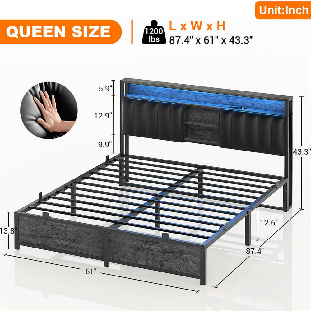 Unikito Queen Size Bed Frame with Charging Station & Led Lights, Platform Bed with Leather Upholstered Headboard and Storage, Metal Slats Support, No Box Spring Needed, Noise-Free, Easy Assembly