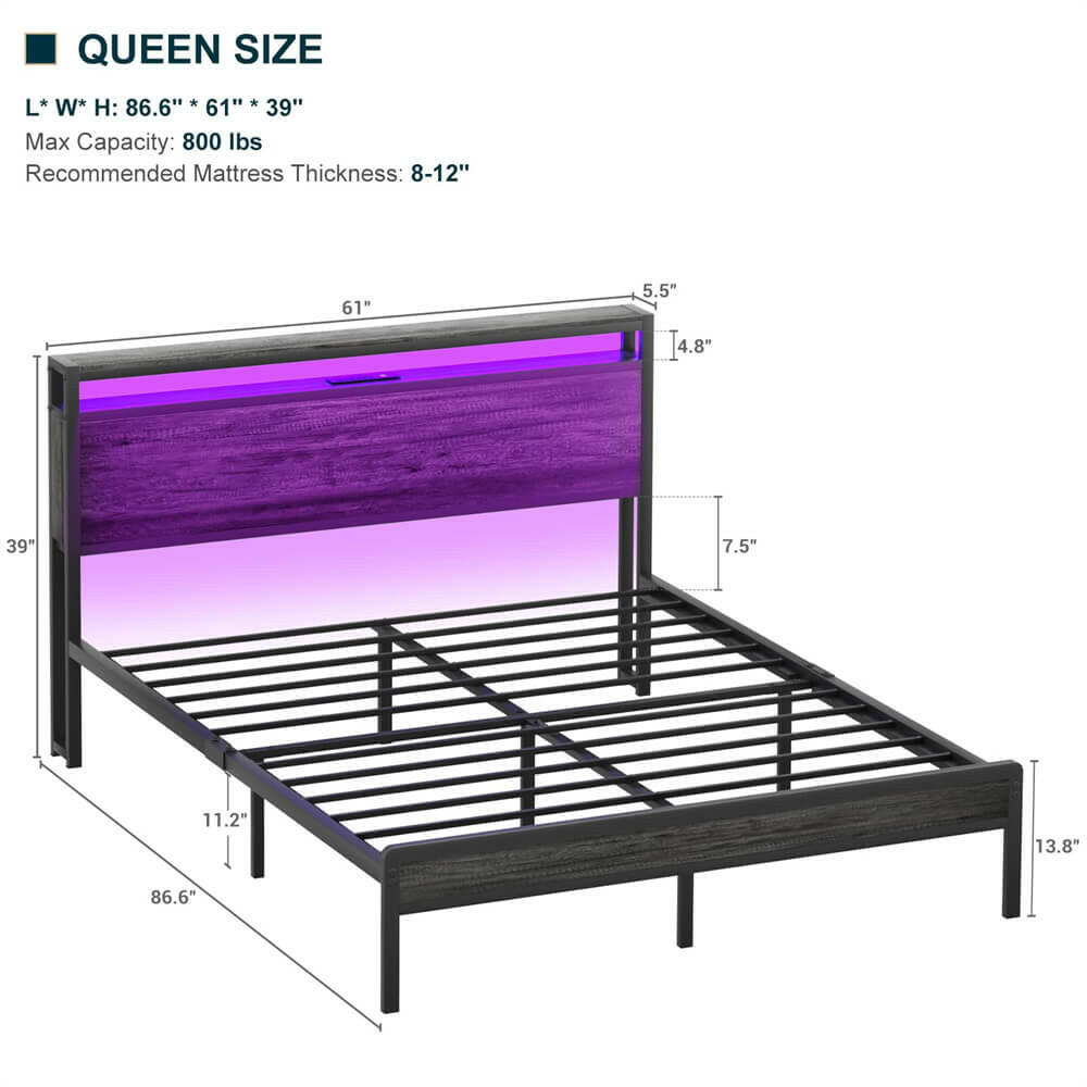 Unikito Queen Size Bed Frame with Charging Station and Led Lights, Industrial Metal Platform Bed with Storage Headboard, Steel Slat Support, No Box Spring Needed, Noise-Free, Easy Assembly