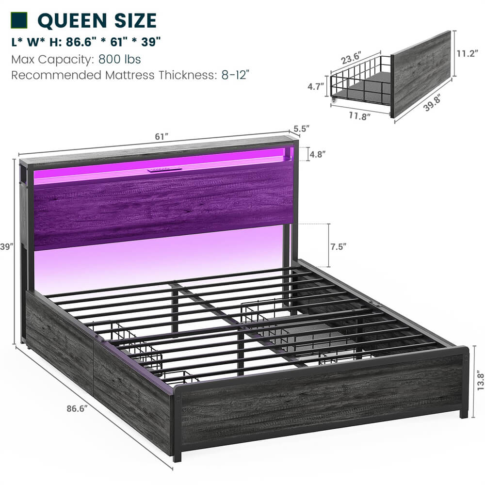 Unikito Queen Size Bed Frame with 4 Storage Drawers and Charging Station, Sturdy Platform Bed with Storage Headboard and LED Light, No Box Spring Needed, Easy Assembly