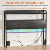 Twin Size Headboard for Bed Frame, Headboard with Storage Shelf, LED Lights, and Power Outlets, USB Ports, Height Adjustable