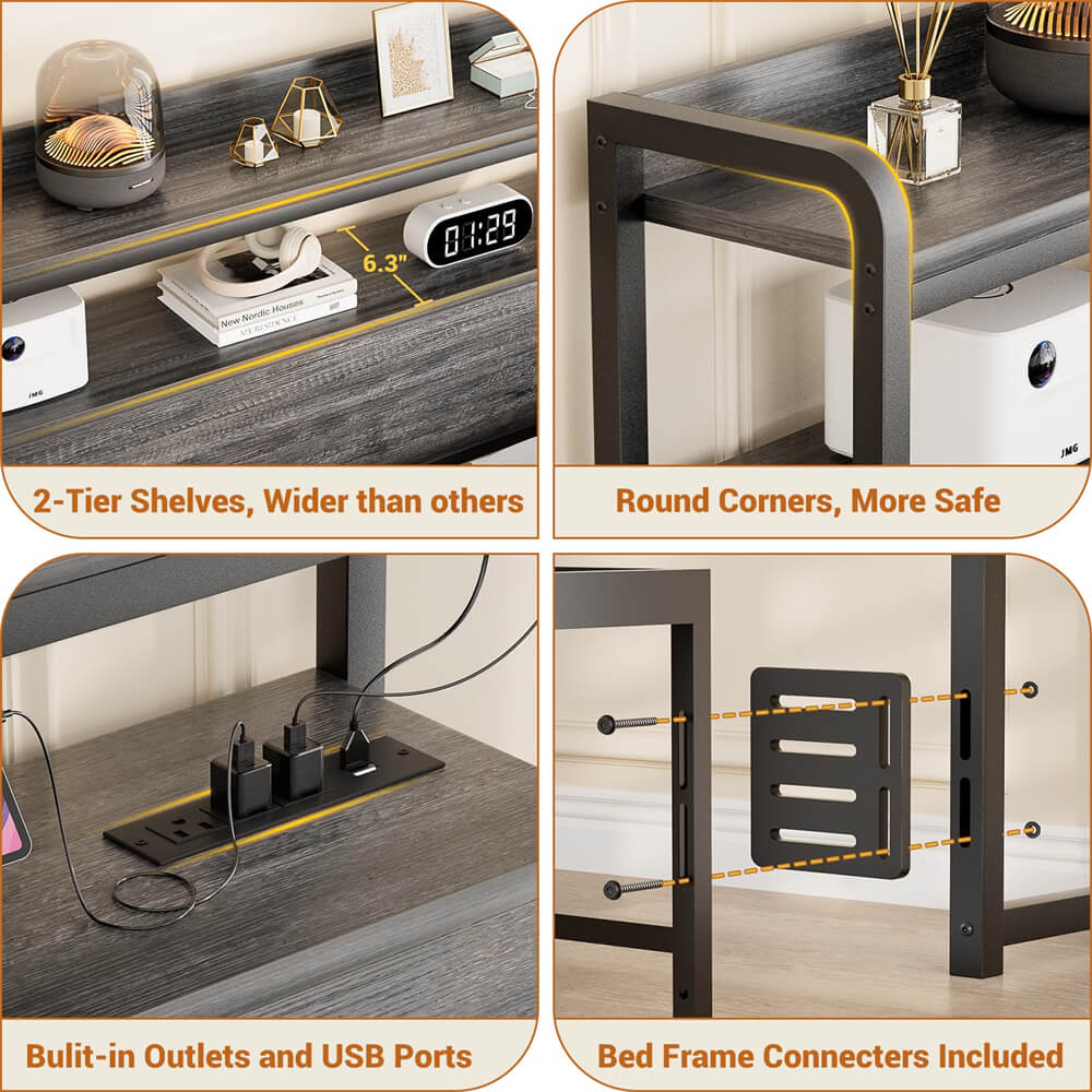 Twin Size Headboard for Bed Frame, Headboard with Storage Shelf, LED Lights, and Power Outlets, USB Ports, Height Adjustable