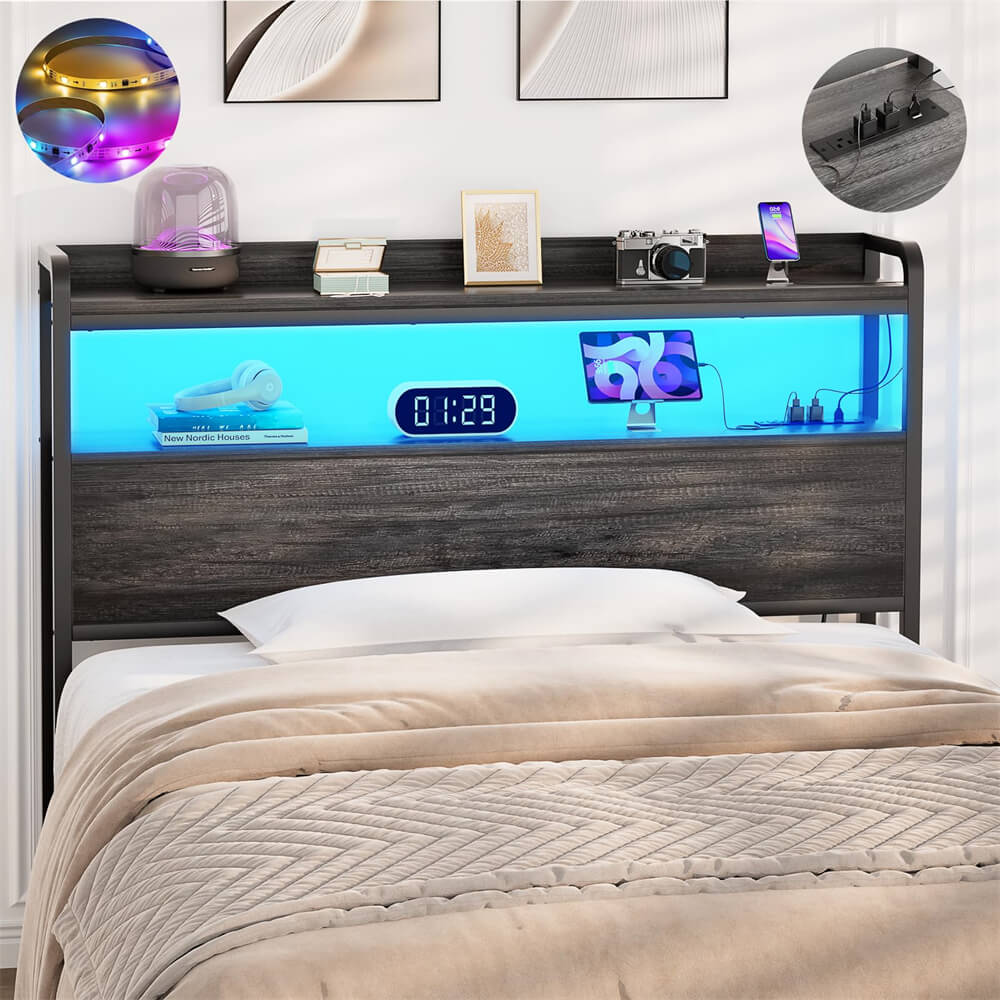 Twin Size Headboard for Bed Frame, Headboard with Storage Shelf, LED Lights, and Power Outlets, USB Ports, Height Adjustable