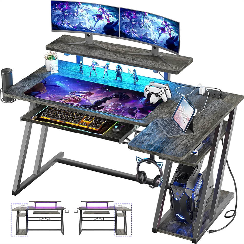 47'' Gaming Desk with Power Outlets and LED Lights, L Shaped Gaming Desk with Keyboard Holder