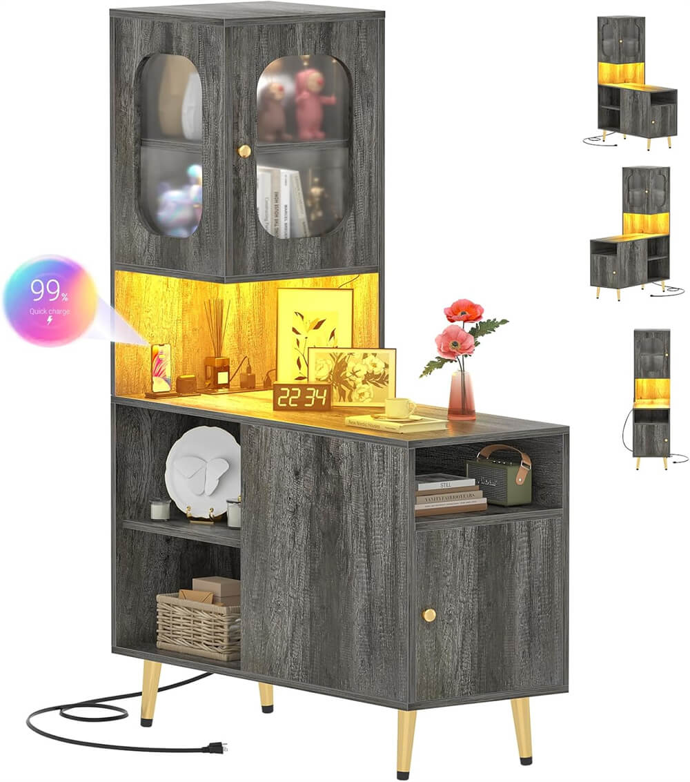 Corner Cabinet with LED Lights and Doors, Reversible Storage Cabinet for Home & Office