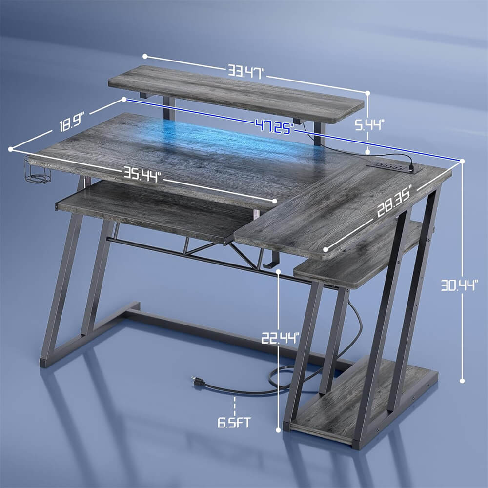 47'' Gaming Desk with Power Outlets and LED Lights, L Shaped Gaming Desk with Keyboard Holder