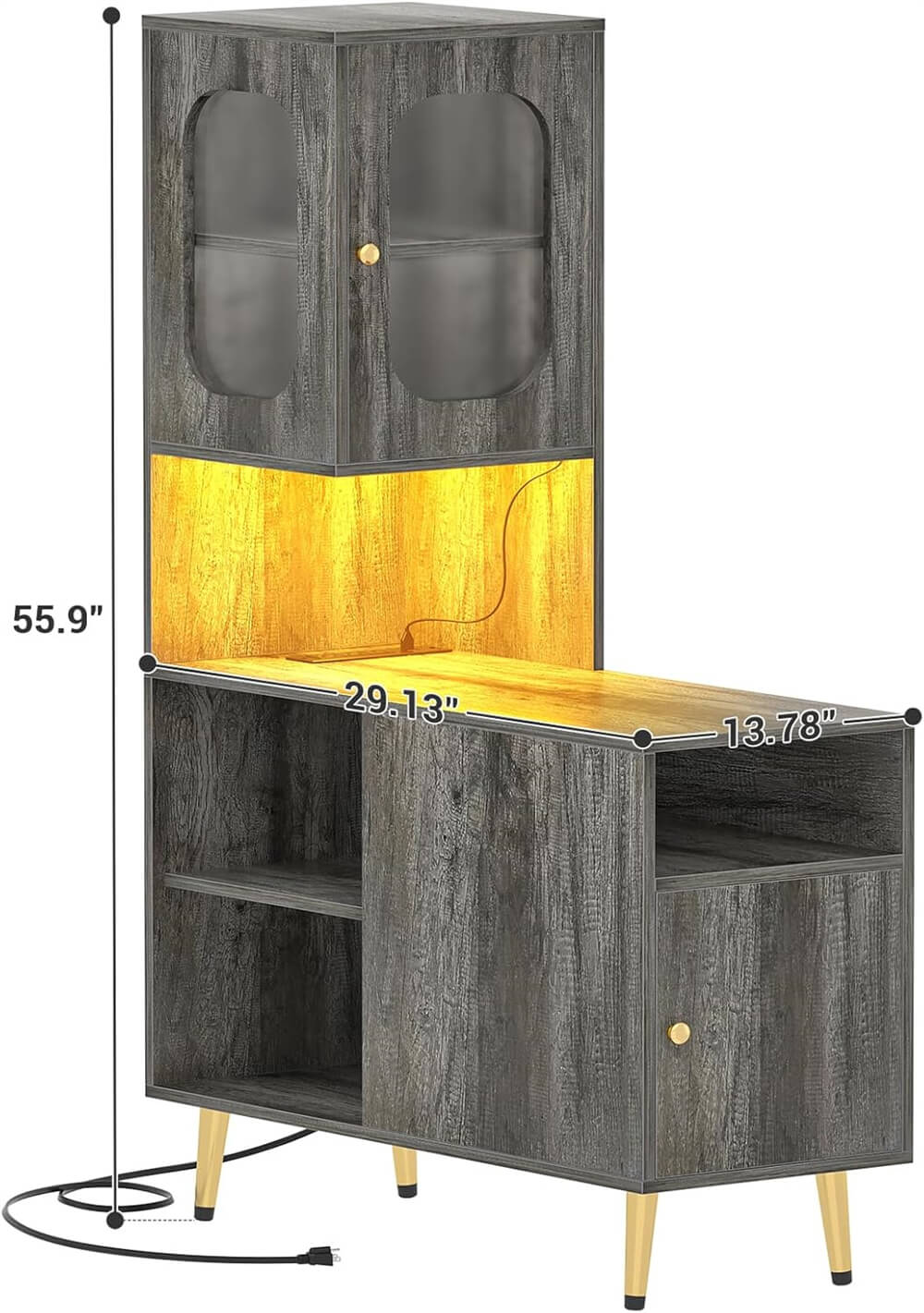 Corner Cabinet with LED Lights and Doors, Reversible Storage Cabinet for Home & Office