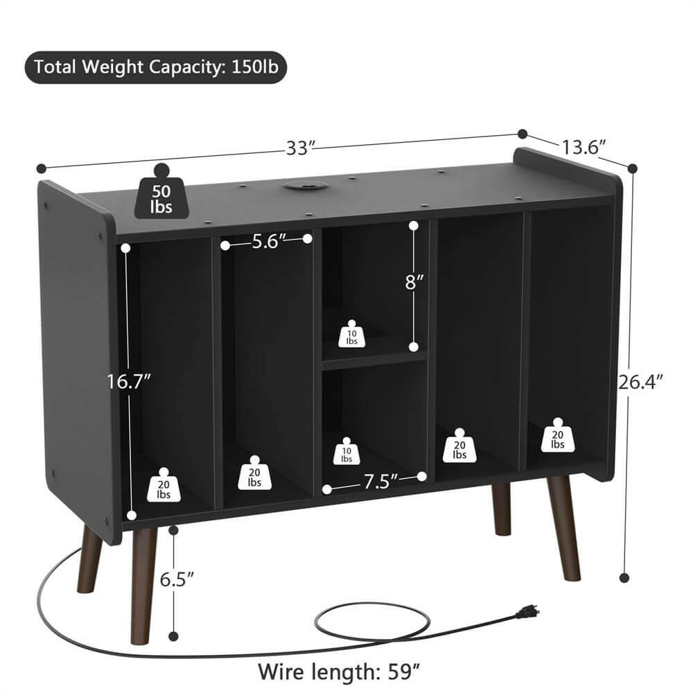 Unikito Large Record Player Stand, Vinyl Record Storage Table with Power Outlet Holds Up to 200 Albums, Turntable Stand Table with Wood Legs, Vinyl Holder Display Shelf for Bedroom Living Room