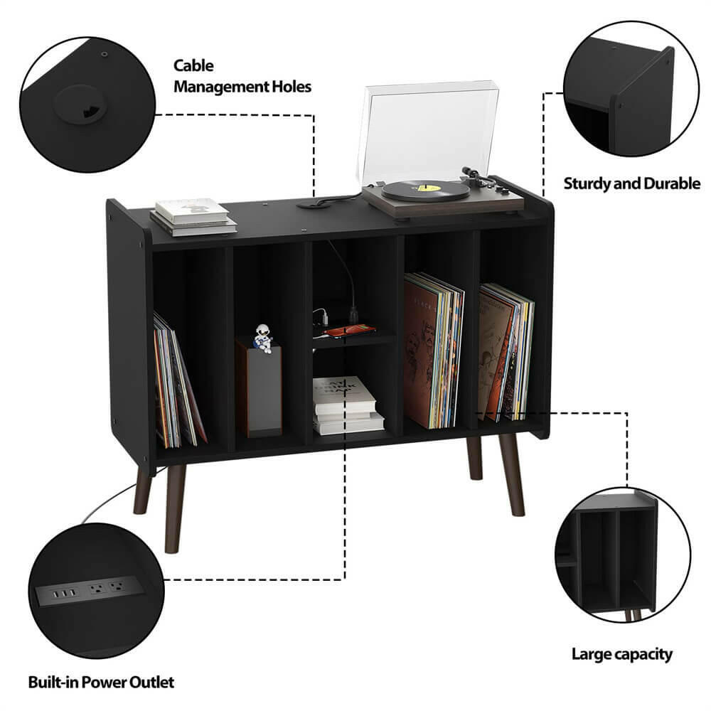 Unikito Large Record Player Stand, Vinyl Record Storage Table with Power Outlet Holds Up to 200 Albums, Turntable Stand Table with Wood Legs, Vinyl Holder Display Shelf for Bedroom Living Room