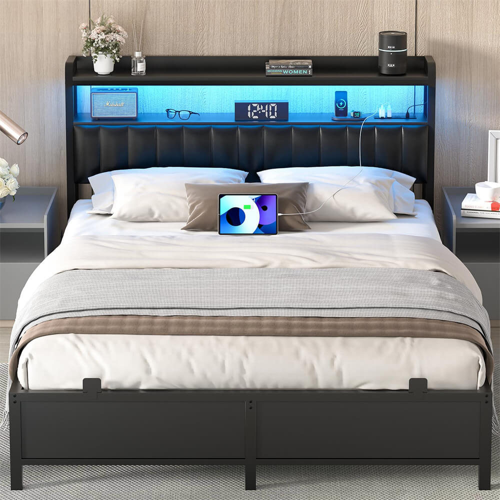 Unikito Queen Bed Frame with Charging Station, Adjustable Upholstered Faux Leather Headboard, Industrial Platform Bed with LED Lights, Steel Slat Support, No Box Spring Needed