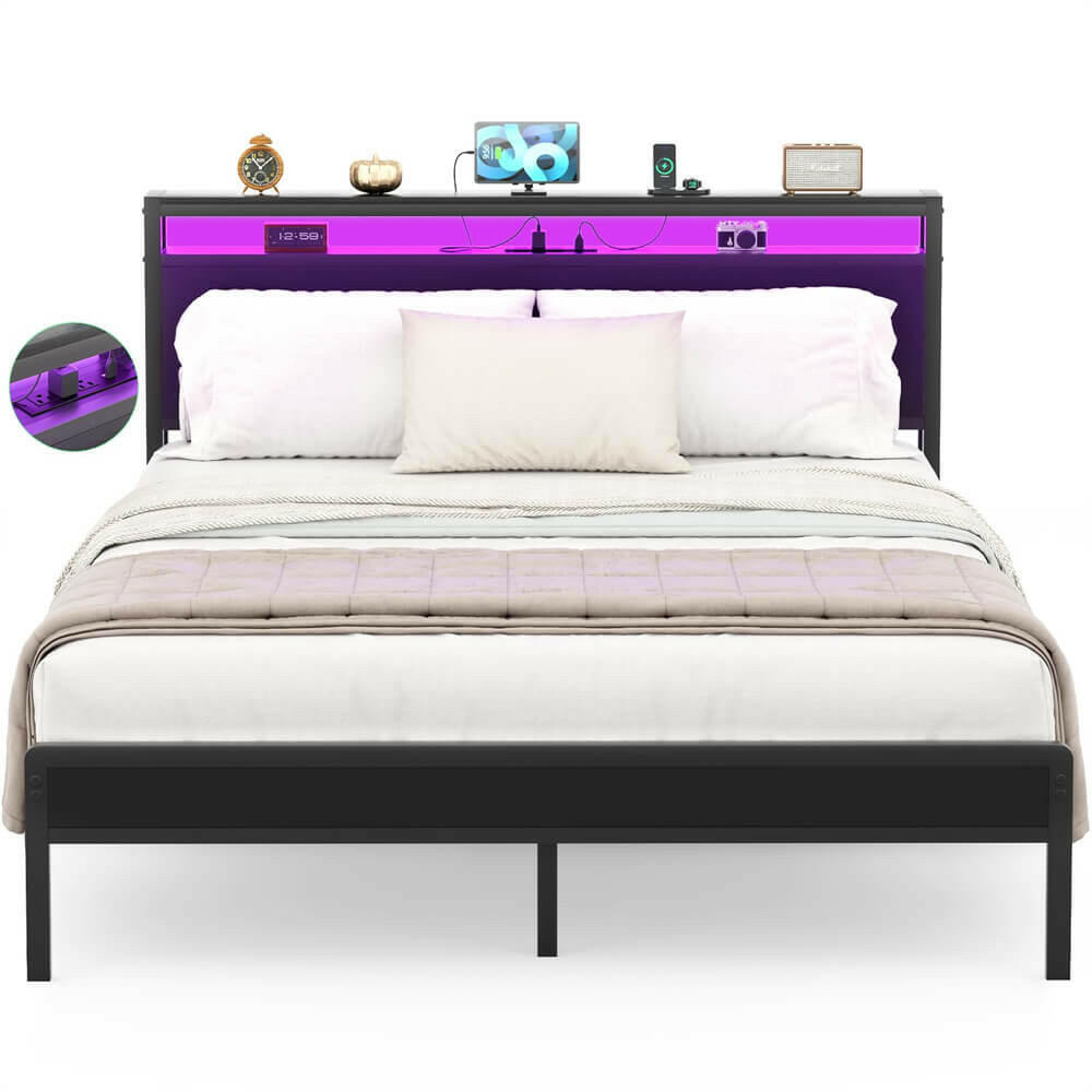 Unikito Queen Size Bed Frame with Charging Station and Led Lights, Industrial Metal Platform Bed with Storage Headboard, Steel Slat Support, No Box Spring Needed, Noise-Free, Easy Assembly