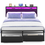 Unikito Queen Bed Frame with 2 Storage Drawers, Industrial Metal Platform Bed with Charged Headboard and LED lights, No Box Spring Needed, Noise-Free, Easy Assembly