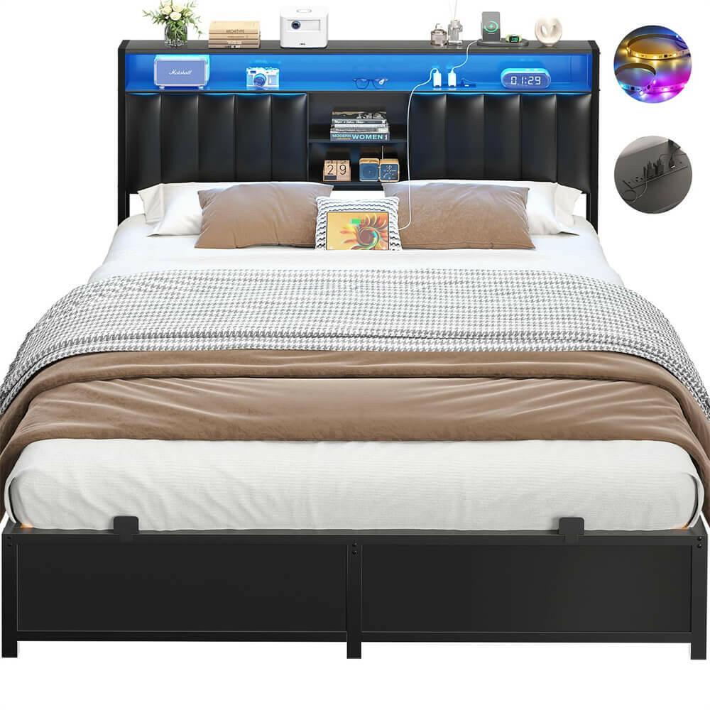 Unikito Queen Size Bed Frame with Charging Station & Led Lights, Platform Bed with Leather Upholstered Headboard and Storage, Metal Slats Support, No Box Spring Needed, Noise-Free, Easy Assembly