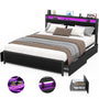 Unikito Queen Size Bed Frame with 4 Storage Drawers and Charging Station, Sturdy Platform Bed with Storage Headboard and LED Light, No Box Spring Needed, Easy Assembly