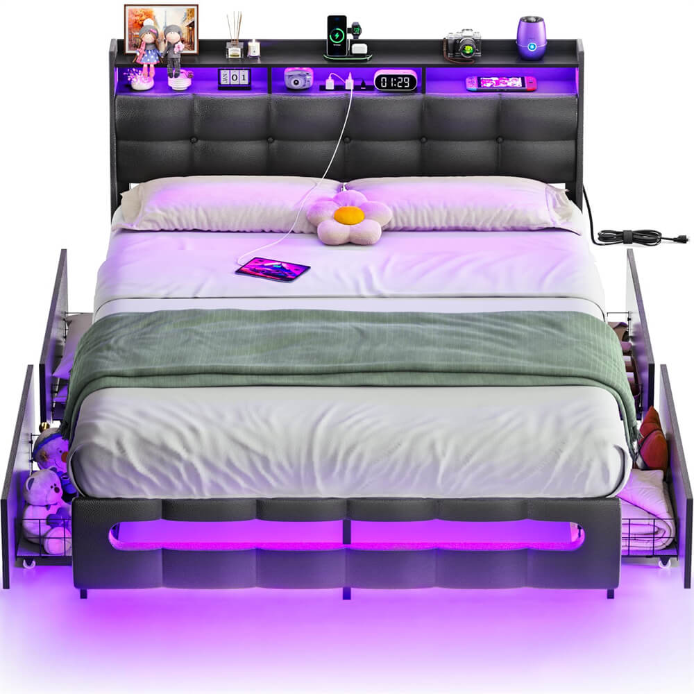 Queen Size Bed Frame with Drawers, Charging Station and LED Light, Upholstered Queen Bed Frame with Storage Headboard