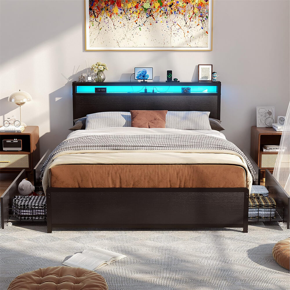 Unikito Queen Size Bed Frame with 4 Storage Drawers and Charging Station, Sturdy Platform Bed with Storage Headboard and LED Light, No Box Spring Needed, Easy Assembly