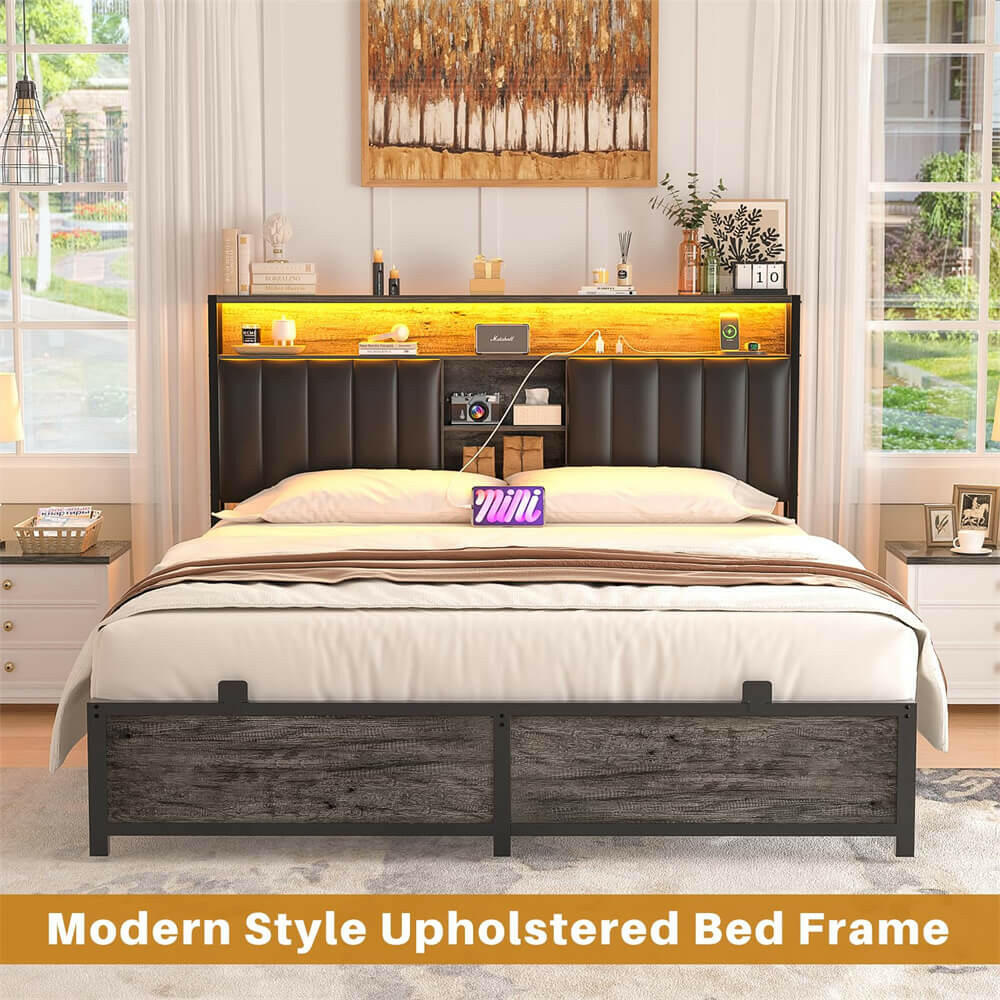 Unikito Queen Size Bed Frame with Charging Station & Led Lights, Platform Bed with Leather Upholstered Headboard and Storage, Metal Slats Support, No Box Spring Needed, Noise-Free, Easy Assembly