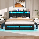 Queen Size Bed Frame with Drawers, Charging Station and LED Light, Upholstered Queen Bed Frame with Storage Headboard