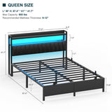 Unikito Queen Bed Frame with Charging Station, Adjustable Upholstered Faux Leather Headboard, Industrial Platform Bed with LED Lights, Steel Slat Support, No Box Spring Needed