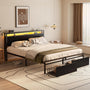 Unikito Queen Bed Frame with 2 Storage Drawers, Industrial Metal Platform Bed with Charged Headboard and LED lights, No Box Spring Needed, Noise-Free, Easy Assembly