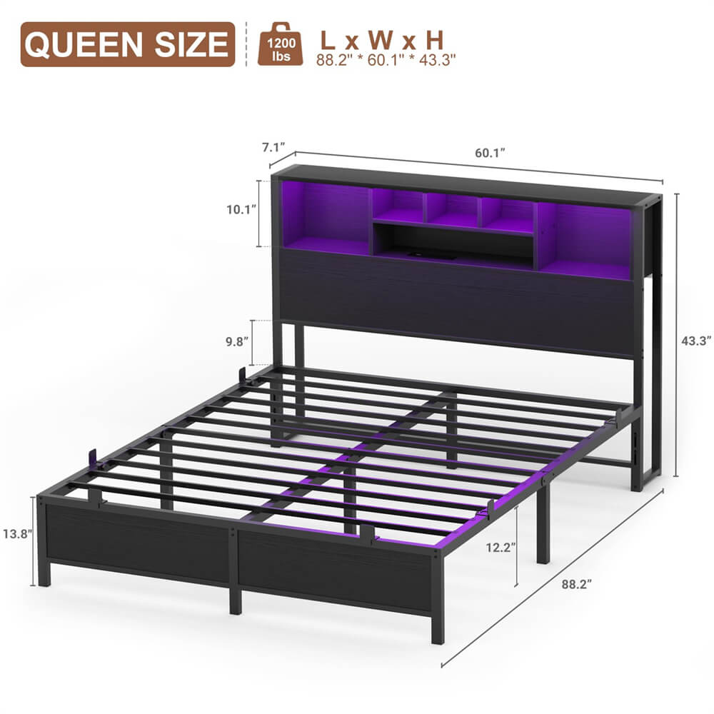 Unikito Queen Size Bed Frame with Bookcase Headboard, Metal Platform Bed Frame Queen Size with Charging Station and LED Light, Heavy Duty Metal Slats, No Box Spring Needed, Noise-Free