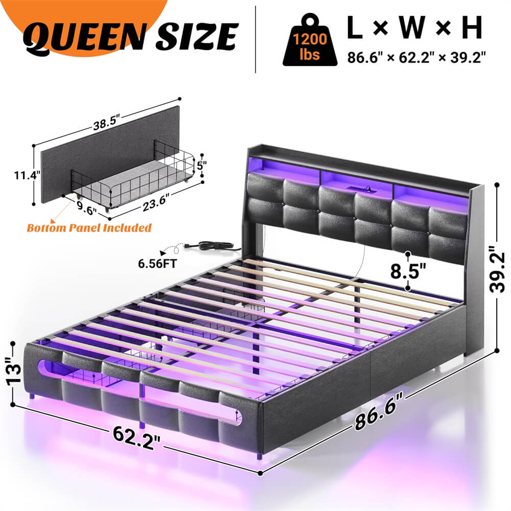 Queen Size Bed Frame with Drawers, Charging Station and LED Light, Upholstered Queen Bed Frame with Storage Headboard