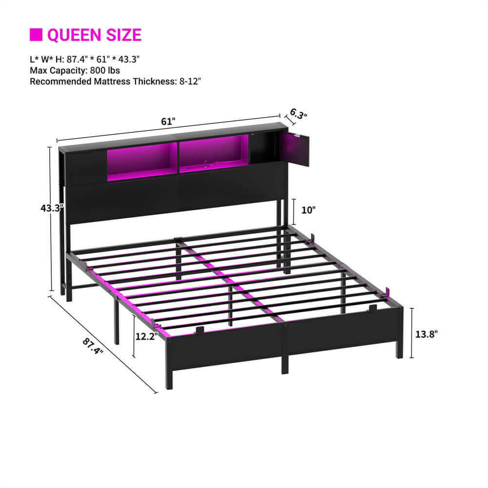 Unikito Queen Size Bed Frame with Storage Headboard and Charging Station, Industrial Platform Metal Bed with LED Lights, Steel Slat Support, No Box Spring Needed, Noise-Free, Easy Assembly