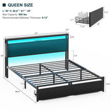 Unikito Queen Bed Frame with 2 Storage Drawers, Industrial Metal Platform Bed with Charged Headboard and LED lights, No Box Spring Needed, Noise-Free, Easy Assembly