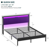 Unikito Queen Size Bed Frame with Charging Station and Led Lights, Industrial Metal Platform Bed with Storage Headboard, Steel Slat Support, No Box Spring Needed, Noise-Free, Easy Assembly