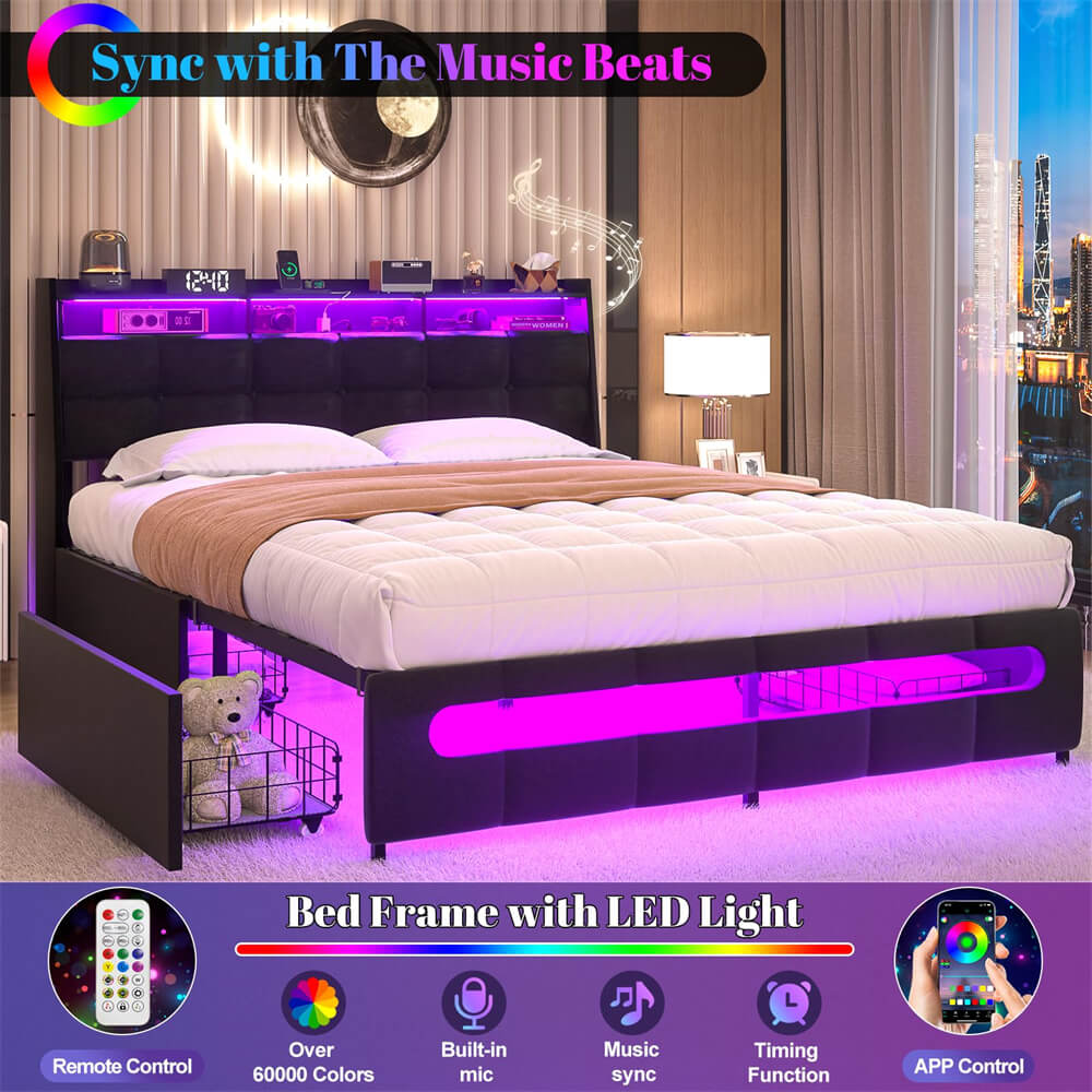 Queen Size Bed Frame with Drawers, Charging Station and LED Light, Upholstered Queen Bed Frame with Storage Headboard