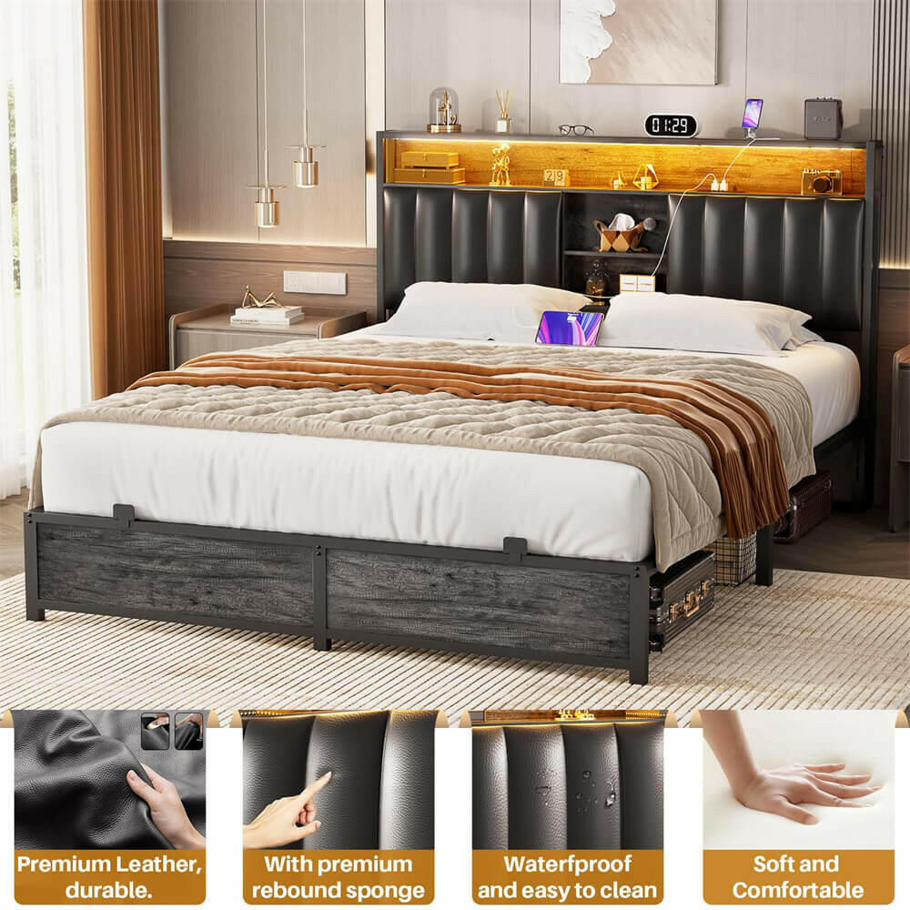 Unikito Queen Size Bed Frame with Charging Station & Led Lights, Platform Bed with Leather Upholstered Headboard and Storage, Metal Slats Support, No Box Spring Needed, Noise-Free, Easy Assembly