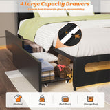 Queen Size Bed Frame with Drawers, Charging Station and LED Light, Upholstered Queen Bed Frame with Storage Headboard