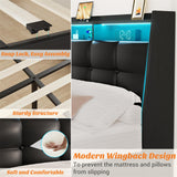 Queen Size Bed Frame with Drawers, Charging Station and LED Light, Upholstered Queen Bed Frame with Storage Headboard