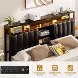 Unikito Queen Size Bed Frame with Charging Station & Led Lights, Platform Bed with Leather Upholstered Headboard and Storage, Metal Slats Support, No Box Spring Needed, Noise-Free, Easy Assembly