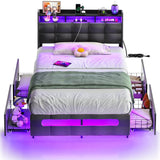 Twin Size Bed Frame with Upholstered Storage Headboard, Charging Stations, LED Lights, and 4 Under Bed Drawers, Noise Free