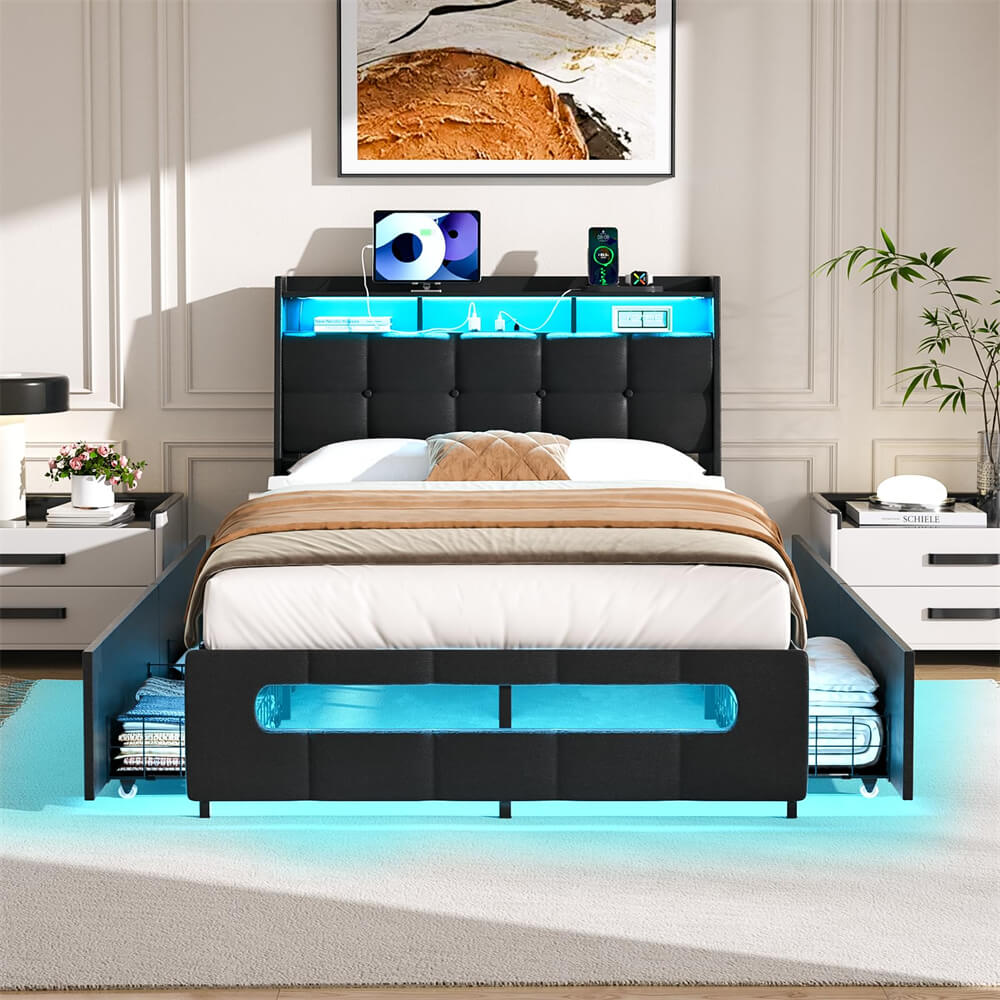 Twin Size Bed Frame with Upholstered Storage Headboard, Charging Stations, LED Lights, and 4 Under Bed Drawers, Noise Free