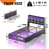 Twin Size Bed Frame with Upholstered Storage Headboard, Charging Stations, LED Lights, and 4 Under Bed Drawers, Noise Free