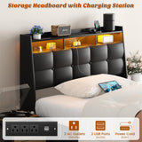 Twin Size Bed Frame with Upholstered Storage Headboard, Charging Stations, LED Lights, and 4 Under Bed Drawers, Noise Free