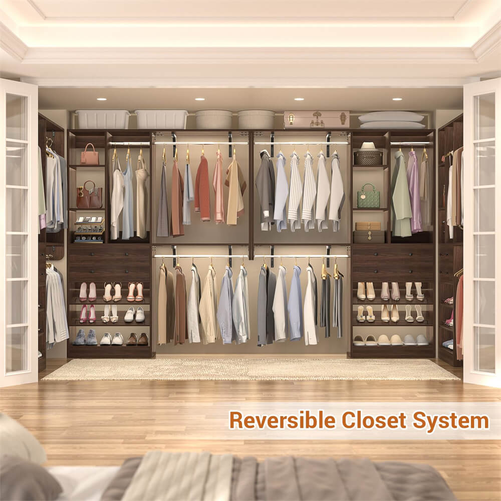 5FT Closet System with 2 Wood Drawers, 2 Hanging Rods & Shelf Towers, Reversible, Wall-Mount