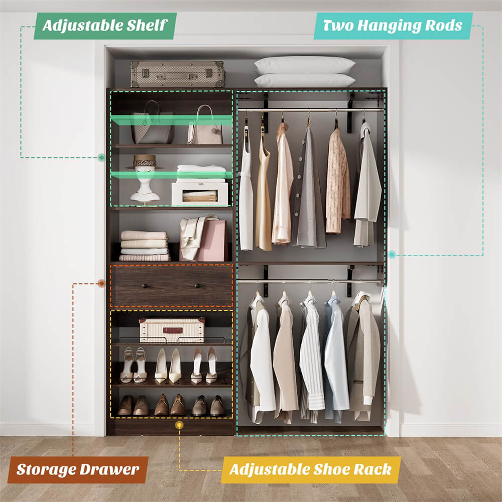 5FT Closet System with Drawer, Reversible Wood Closet Organizer with Hanging Rods, Hanging Shelves, and Shoe Rack