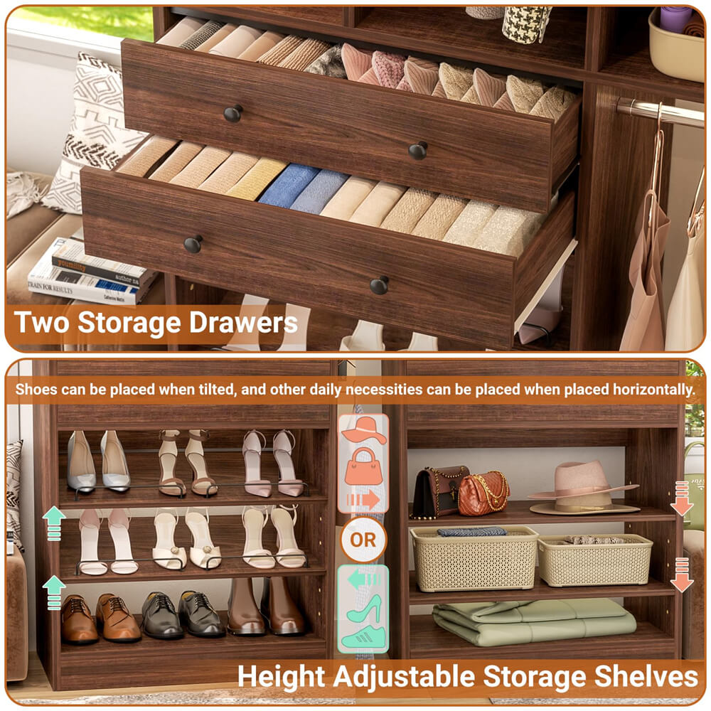 5FT Closet System with 2 Wood Drawers, 2 Hanging Rods & Shelf Towers, Reversible, Wall-Mount