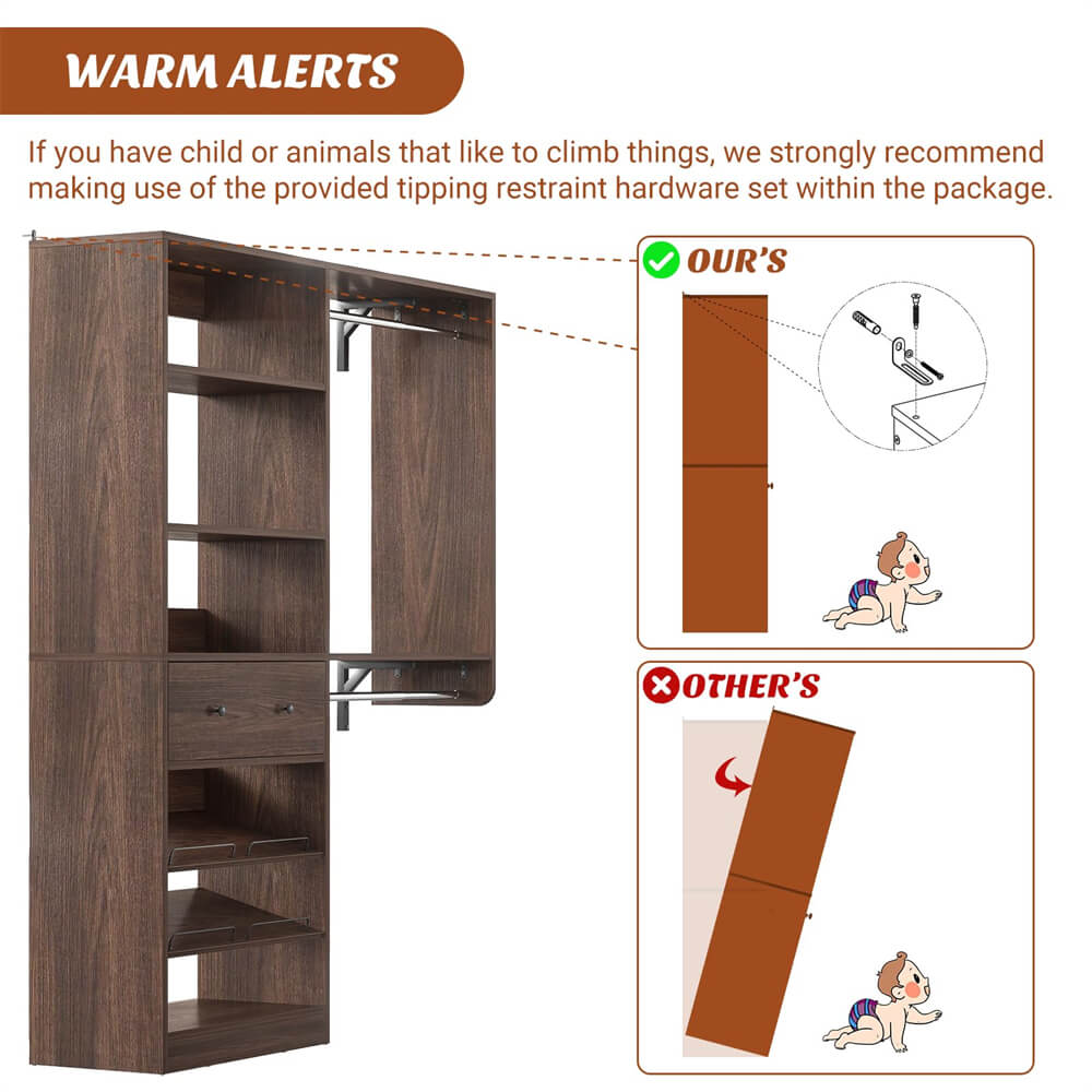 5FT Closet System with Drawer, Reversible Wood Closet Organizer with Hanging Rods, Hanging Shelves, and Shoe Rack