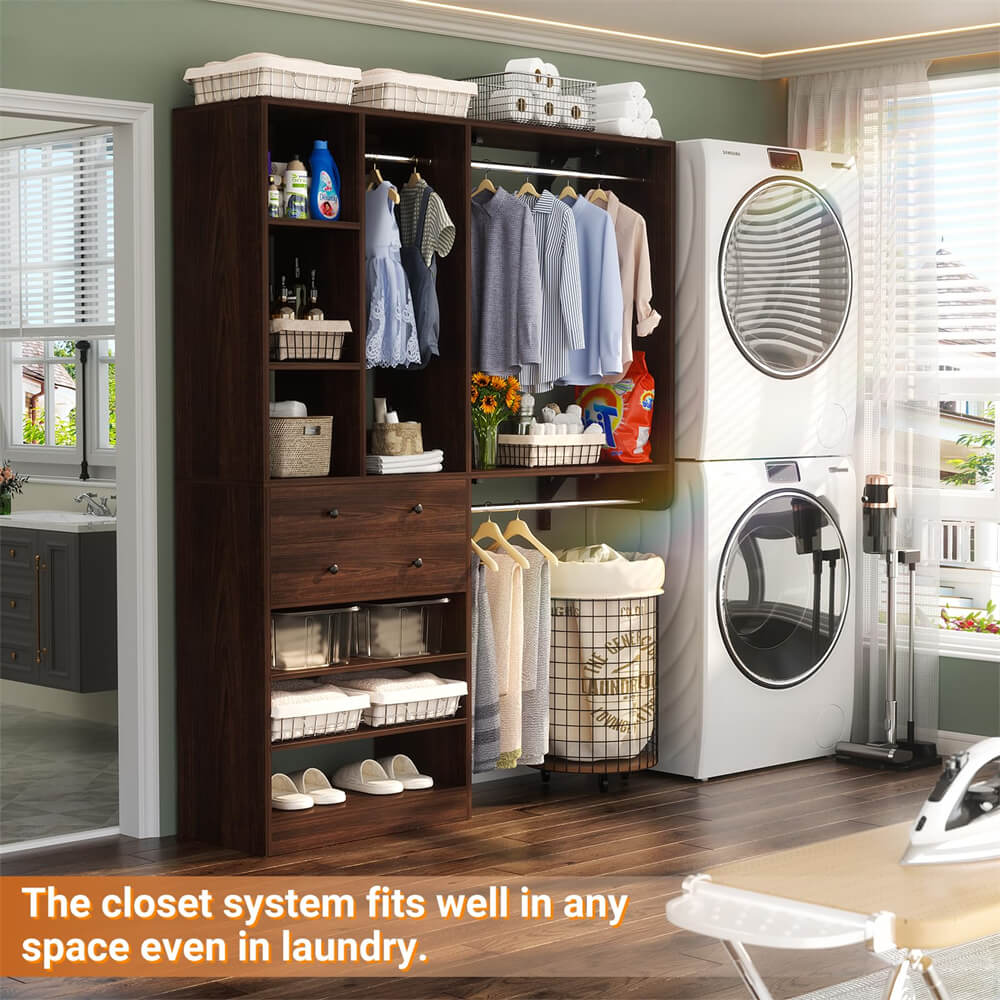 5FT Closet System with 2 Wood Drawers, 2 Hanging Rods & Shelf Towers, Reversible, Wall-Mount