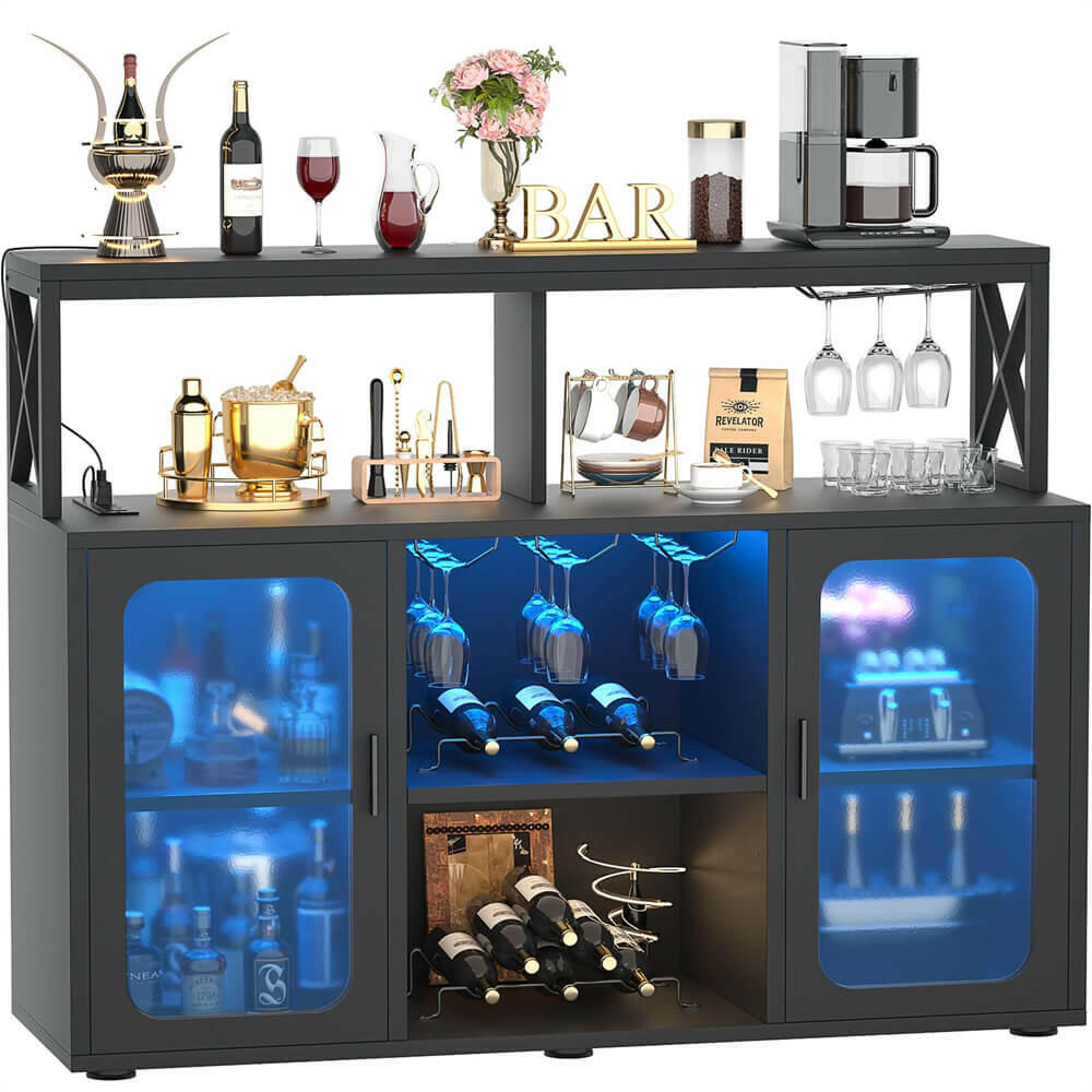 Unikito Bar Cabinet with Power Outlet, Liquor Cabinet with Led Lights and Glass Holders, Storage Buffet Cabinet Coffee Bar Cabinet for Liquor, Wine Cabinet with Racks for Home, Kitchen