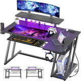 47'' Gaming Desk with Power Outlets and LED Lights, L Shaped Gaming Desk with Keyboard Holder