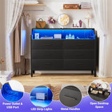 6 Drawer Dresser, Wooden Chest of Drawers with Power Outlets and Smart LED Light, for Bedroom, Living Room