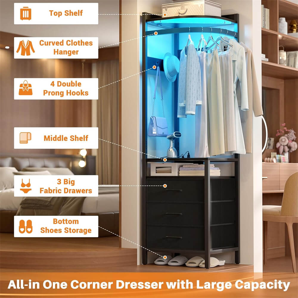 Corner Dresser with Clothes Rack, 70'' Tall Dresser with Drawers, Power Outlets, and LED Lights